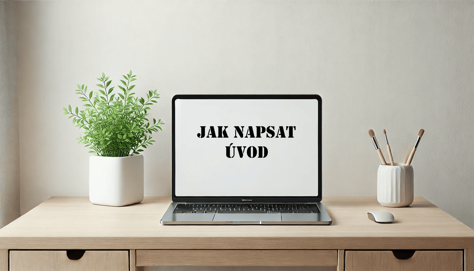 Fotografie laptopu na dřevěném stole mezi zelenou rostlinou a kelímkem s štětci. Na obrazovce laptopu je zobrazen text 'JAK NAPSAT ÚVOD'.