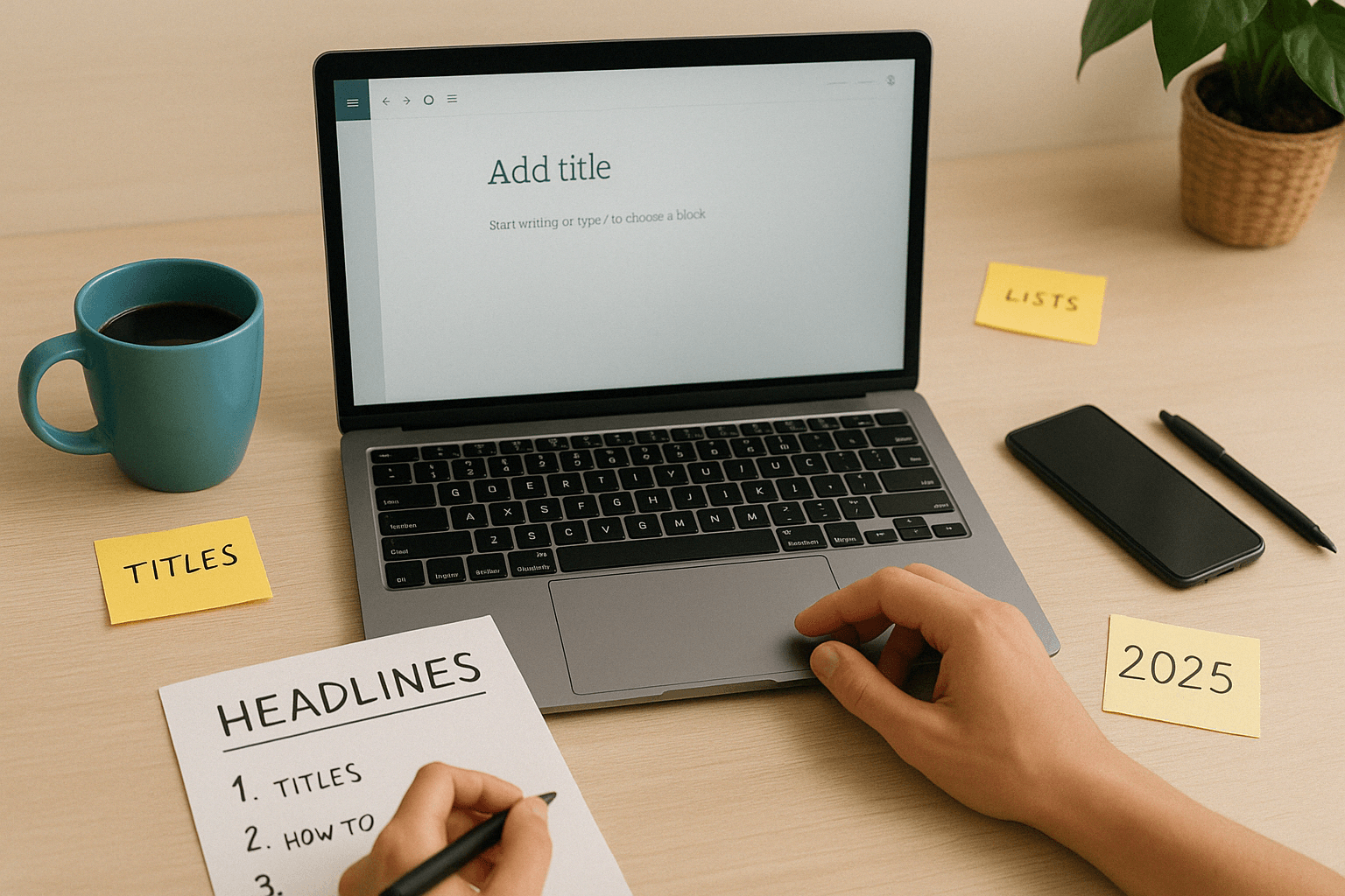 Moderní pracovní plocha s otevřeným notebookem zobrazujícím editor blogu, barevnými post-it papírky, hrnkem kávy, chytrým telefonem a rukou zapisující si nápady na titulky do poznámkového bloku.