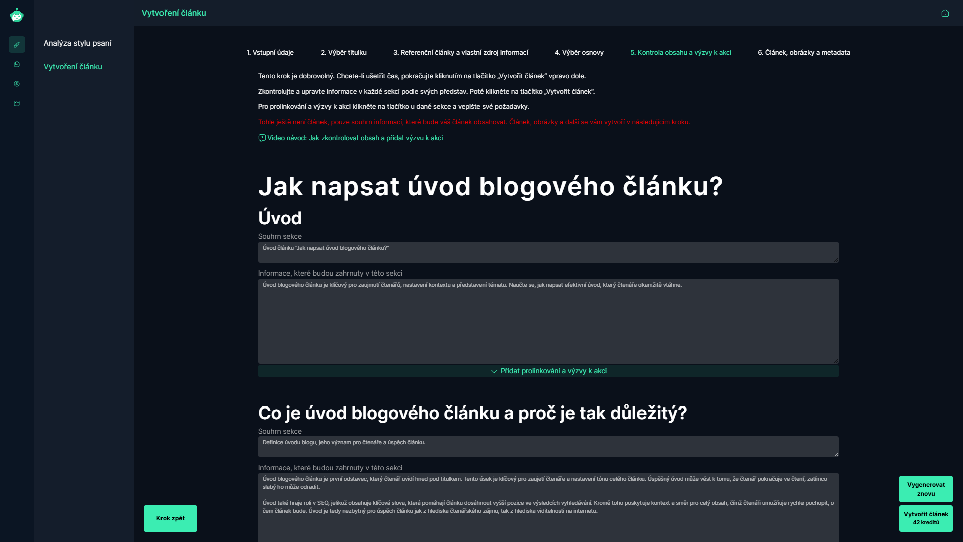 Rozhraní pro kontrolu obsahu článku a přidání výzev k akci. Uživatel může zkontrolovat a upravit jednotlivé části článku. Na konci stránky je tlačítko pro vytvoření článku.