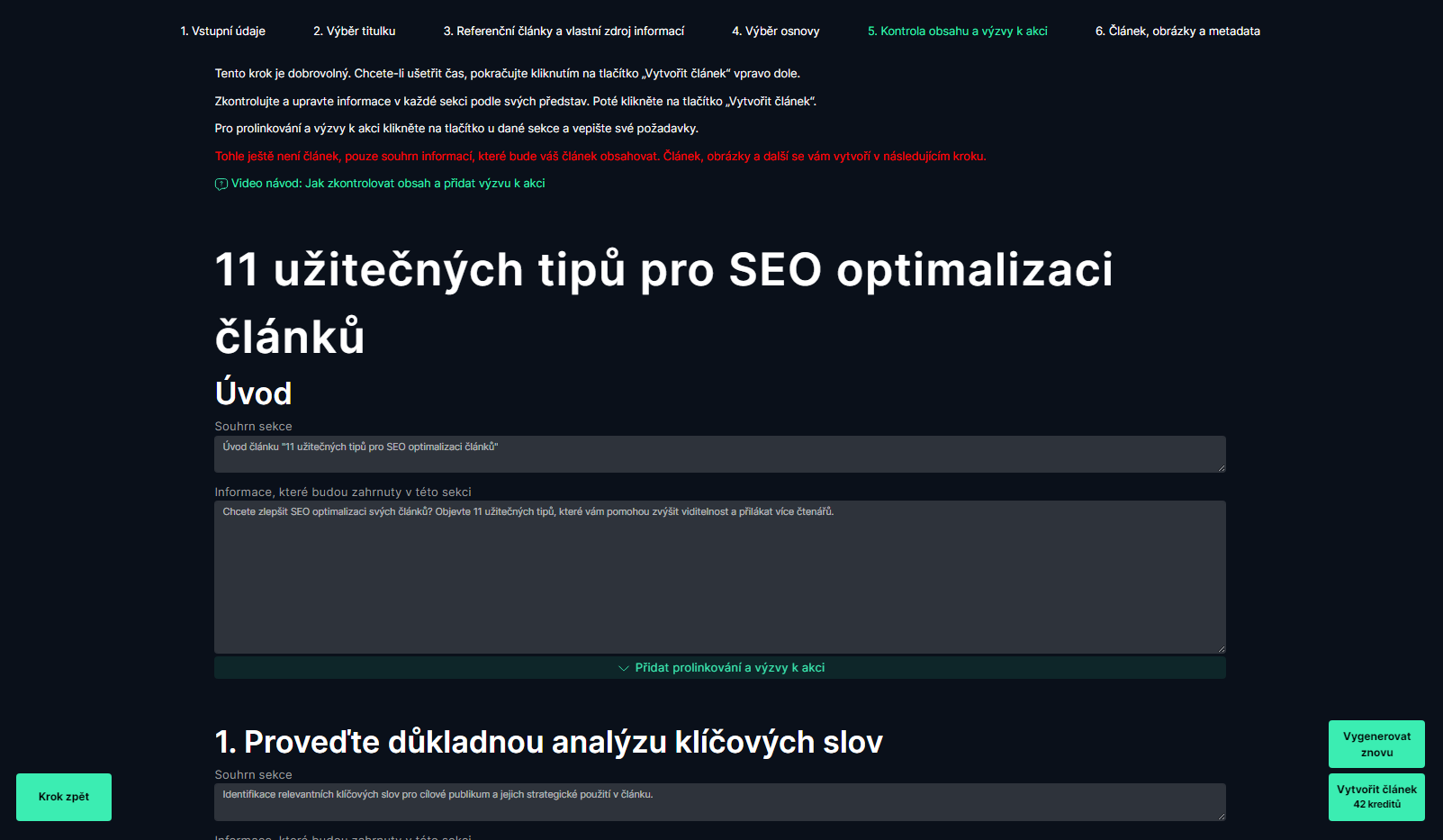 Rozhraní pro kontrolu obsahu článku a přidání výzev k akci. Uživatel může zkontrolovat a upravit jednotlivé části článku. Na konci stránky je tlačítko pro vytvoření článku.