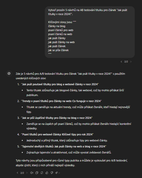 Textový návrh pro A/B testování titulků článku "Jak psát titulky v roce 2025", zobrazující několik variant titulků zaměřených na různé aspekty a klíčová slova.