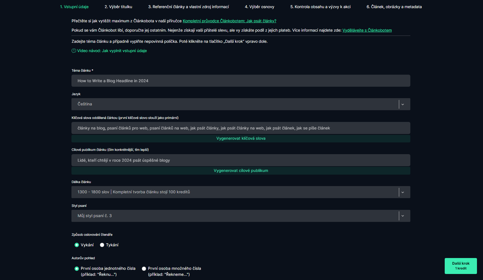 Rozhraní pro zadávání vstupních údajů pro vytvoření článku. Uživatel zadává téma článku, jazyk, klíčová slova, cílové publikum, délku článku, styl psaní, způsob oslovování čtenáře a autorský pohled.