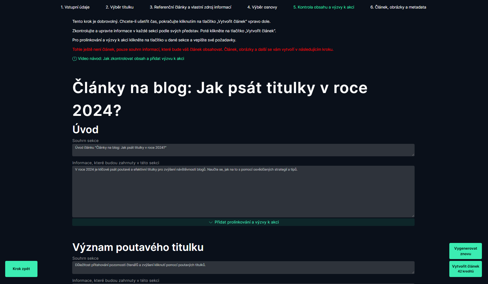Rozhraní pro kontrolu obsahu článku a přidání výzev k akci. Uživatel může zkontrolovat a upravit jednotlivé části článku. Na konci stránky je tlačítko pro vytvoření článku.