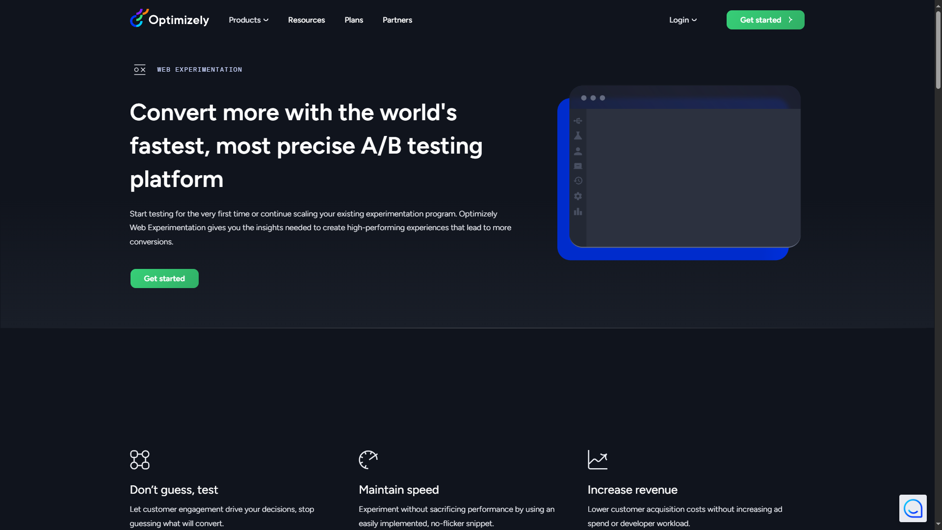 Snímek webové stránky služby Optimizely, která nabízí platformu pro A/B testování a experimentování s cílem zvýšit konverze a optimalizovat uživatelskou zkušenost.
